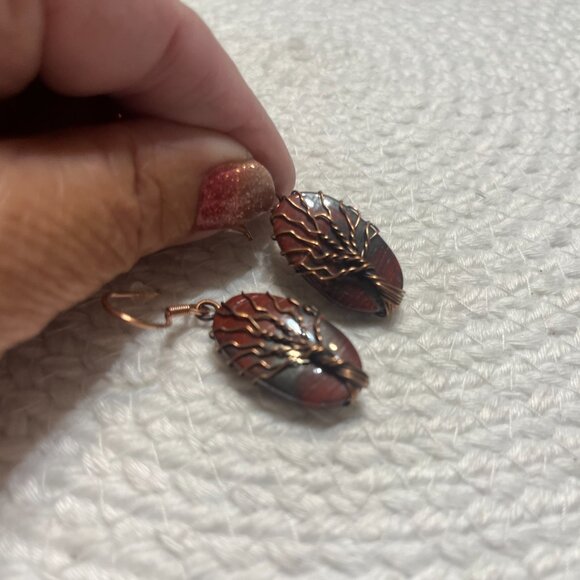 Rustic RED RAINBOW JASPER COPPER WIRE-WRAPPED TREE Handmade Earrings #674D - Picture 4 of 4